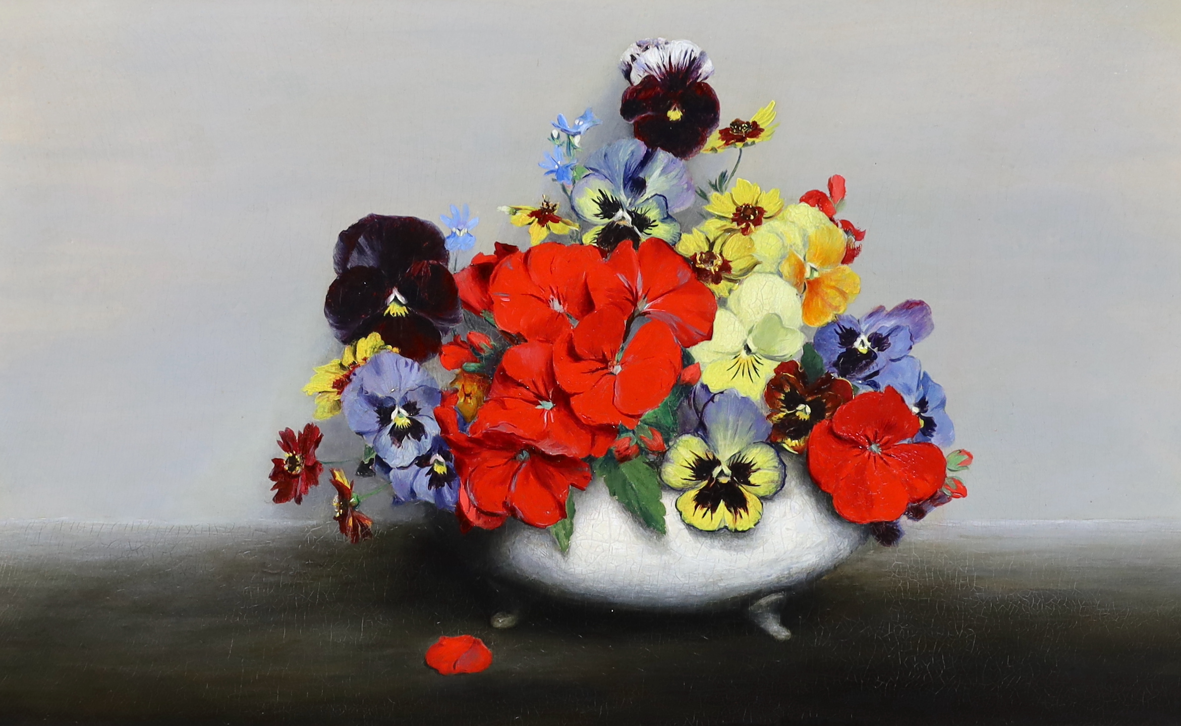 Laurence Biddle (English, 1888-1968), ‘’Geranium’s, pansies, nemesia and coleopsis’, trompe l’oeil style, oil on panel, 21.5 x 34cm, Please note this lot attracts an additional import tax of 5% on the hammer price